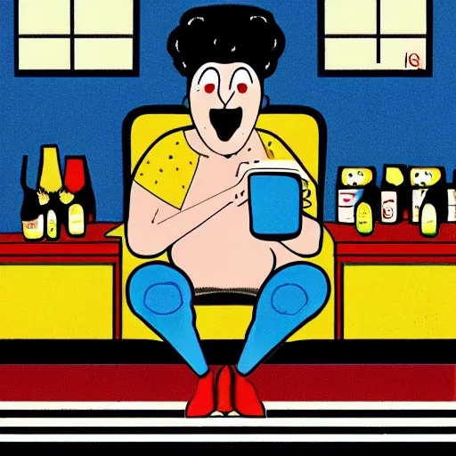 Image similar to illustration of the greek god eros who is a clown, has hurt his knee and sitting in a chair and is watching the game on tv with a beer in hand, by chris ware