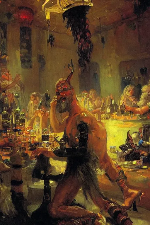 Image similar to portrait of a space viking drinking in an alien tavern. art by ilya repin.