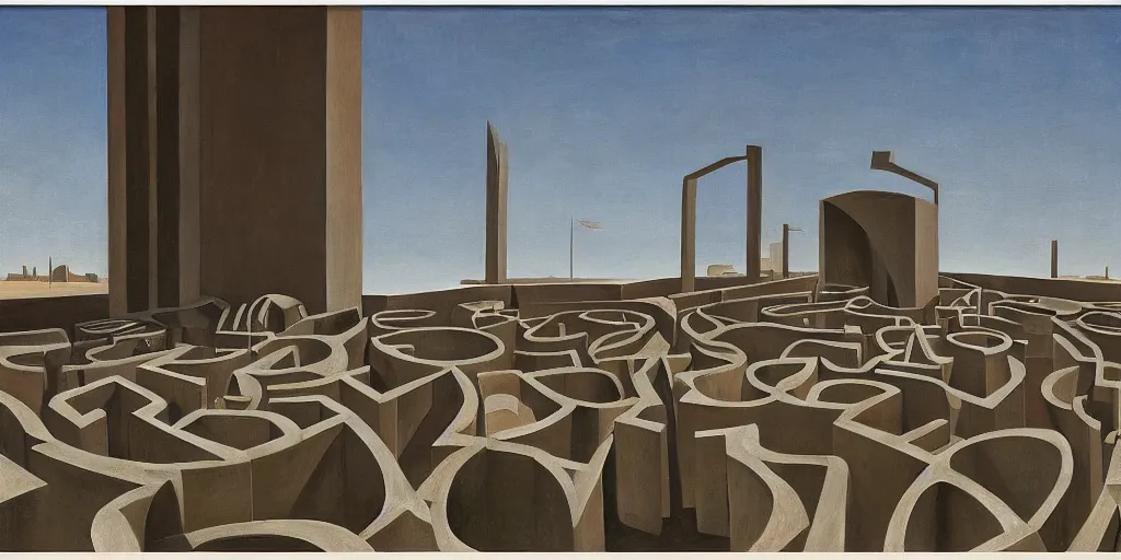 Image similar to first person view of a stark concrete maze, people peering into portholes, grant wood, pj crook, edward hopper, oil on canvas