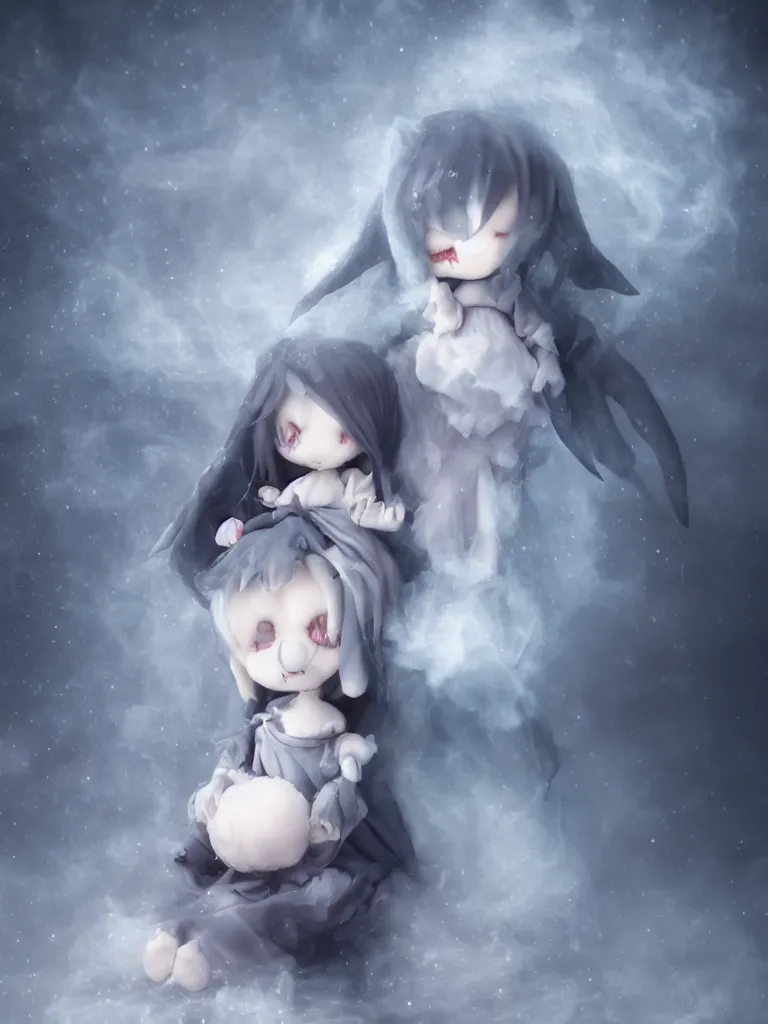 Image similar to cute fumo plush of a cursed frail witch bunny girl held tight in the arms of a translucent ghost mother, hugging and cradling, anime, eerie pretty melting volumetric smoke and fog, dark environment map pbr reflective stormy water, gothic maiden, bokeh, vignette, vray