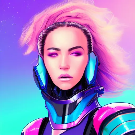 Prompt: a stunning upper body portrait of a beautiful young woman wearing futuristic navy blue and teal battle bodyarmor and pauldrons and ombre purple and pink hairstyle with hair blowing in the wind, by marvel comics, outrun, vaporware, neon, highly detailed, fine detail, intricate, digital art, trending on artstation