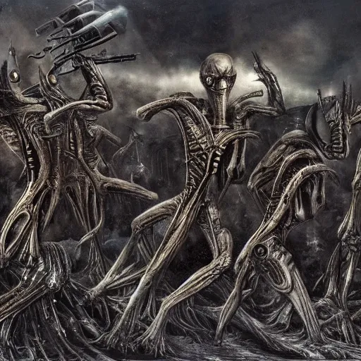 Prompt: an alien attacks and kills a small group of soldiers by H. G. Wells and H.R. Giger, fantasy, bloody, highly detailed, concept art