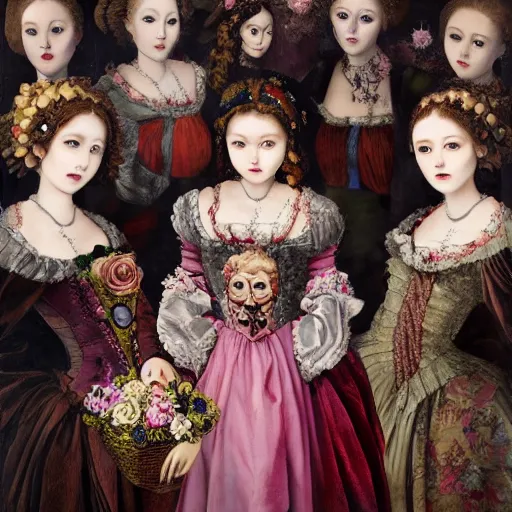 Prompt: renaissance, baroque 8k oil painting group of creepy young ladies wearing renaissance long harajuku manga dress with flowers and skulls, background chaotic flowers