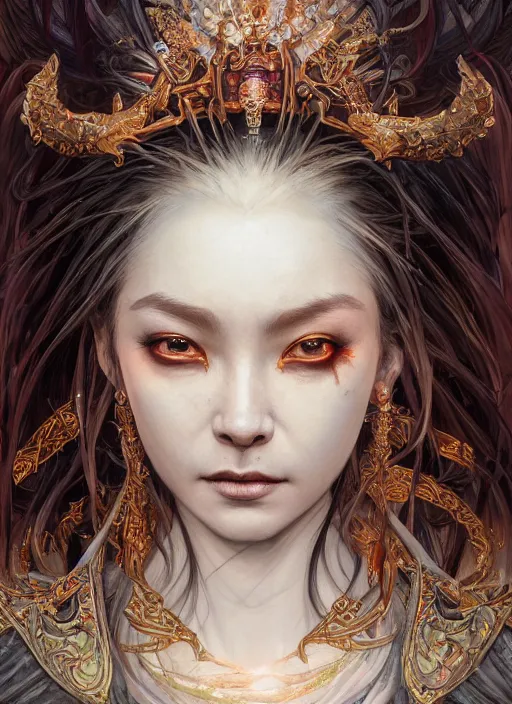 Image similar to highly detailed face portrait of majestic undead queen, stephen bliss, unreal engine, wuxia art by greg rutkowski, loish, rhads, ferdinand knab, makoto shinkai and lois van baarle, ilya kuvshinov, rossdraws, tom bagshaw, alphonse mucha, global illumination, radiant light, detailed and intricate environment