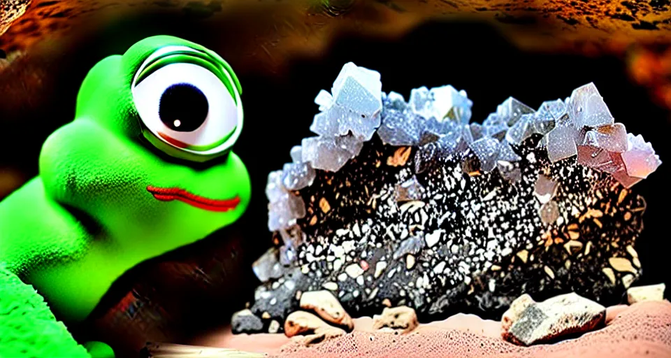 Image similar to pepe in a cave digging crystals