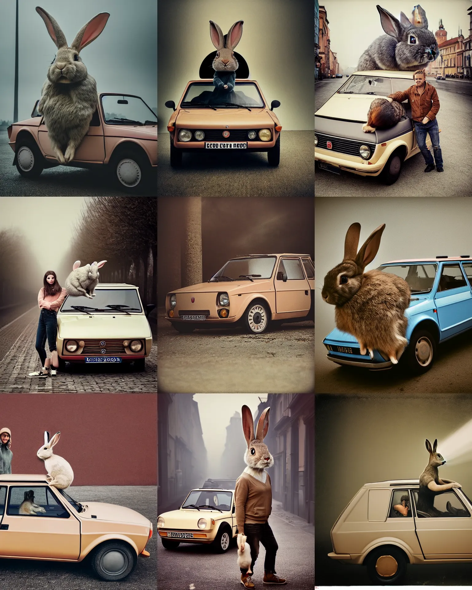 Prompt: real rabbit!!! giant oversized real rabbit, in legnica, full body, fiat 1 2 6 p, cinematic focus, polaroid photo, vintage, neutral dull colors, soft lights, foggy mist, by oleg oprisco, by thomas peschak, by discovery channel, by victor enrich, by gregory crewdson