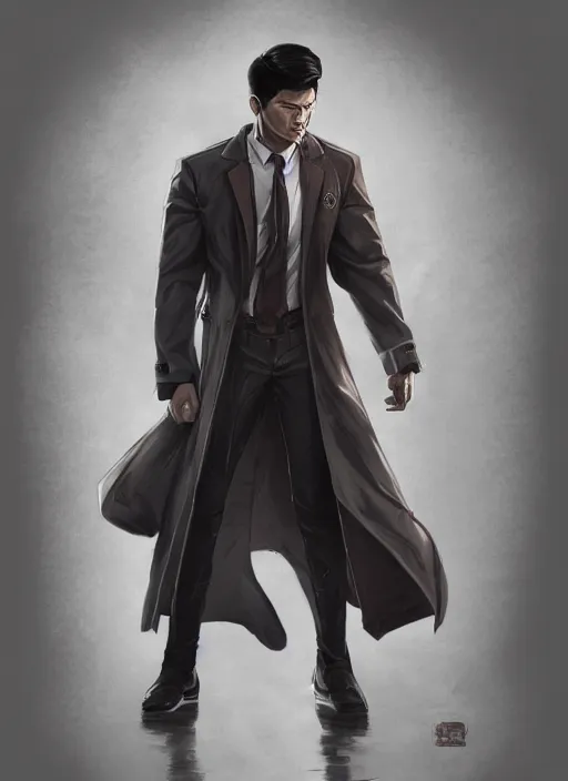 Image similar to a highly detailed illustration of Daniel Matsunaga as serious detective wearing detective coat, dramatic standing pose, muscular, intricate, elegant, highly detailed, centered, digital painting, artstation, concept art, smooth, sharp focus, league of legends concept art, WLOP