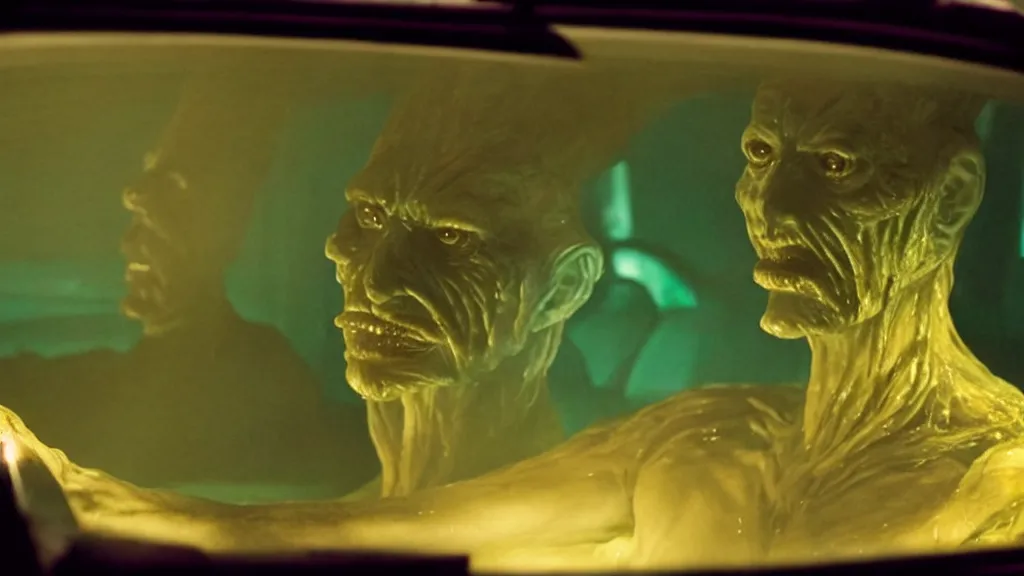 Image similar to the creature sits in a car, made of glowing wax, they look me in the eye, film still from the movie directed by Denis Villeneuve and David Cronenberg with art direction by Salvador Dalí, wide lens