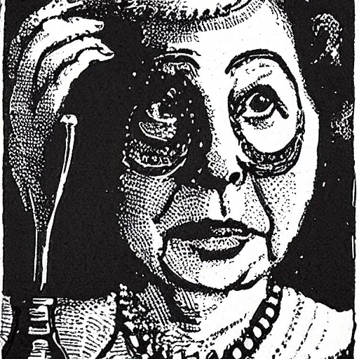 Prompt: queen elizabeth wearing skimask, lino print as whiskey bottle label