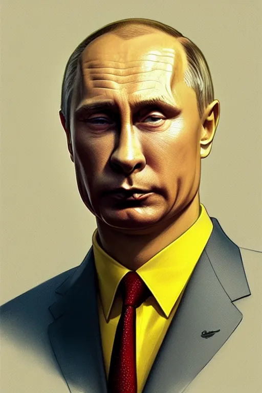 Image similar to vladimir putin as a yellow funny homer simpson, realistic portrait, symmetrical, highly detailed, digital painting, artstation, concept art, smooth, sharp focus, illustration, cinematic lighting, art by artgerm and greg rutkowski and alphonse mucha