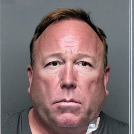 Image similar to alex jones mugshot. photorealistic.