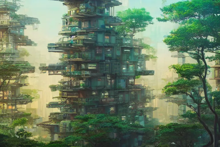 Prompt: solarpunk kowloon walled forest city built by frank lloyd wright, still from studio ghibli anime movie, cyberpunk tree house, digital art, artgerm, trending on artstation