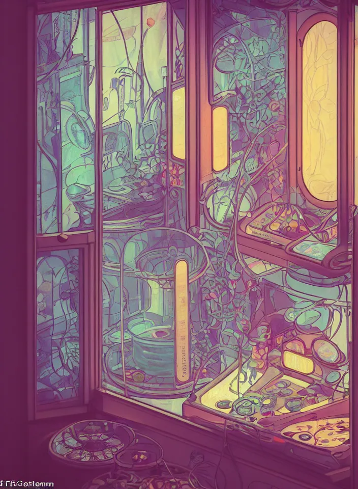 Image similar to telephoto 7 0 mm f / 2. 8 iso 2 0 0 photograph depicting the feeling of chrysalism in a cosy safe cluttered french sci - fi ( ( art nouveau ) ) cyberpunk apartment in a pastel dreamstate art cinema style. ( cat ) ( ( fish tank ) ), ambient light.