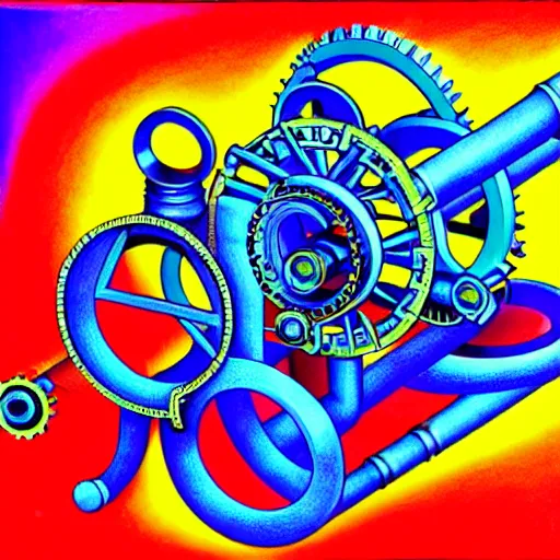 Image similar to a complicated time travel machine engine contraption with sprockets springs cranks cylinders hoses pistons, high detail, intricate abstract, detailed abstract, isometric, optical illusion, cubism, color pencil, bright colors, vivid colors, hyper detailed, high resolution, artstation, created by M.C. Escher