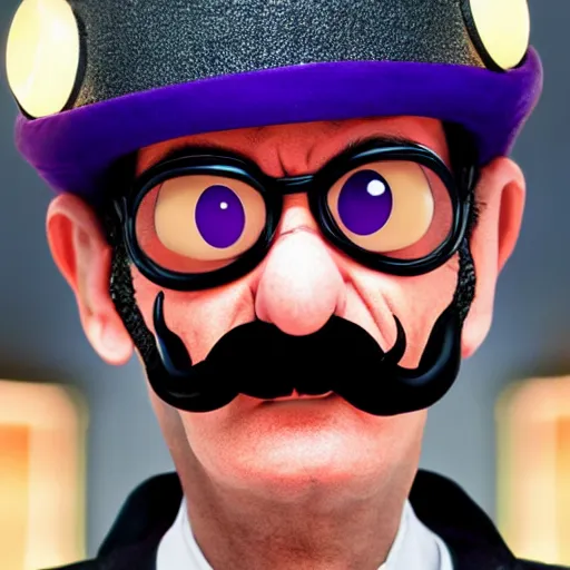 Image similar to dramatic cyberpunk waluigi portrait film still from the movie directed by Denis Villeneuve 8k high def realistic photo