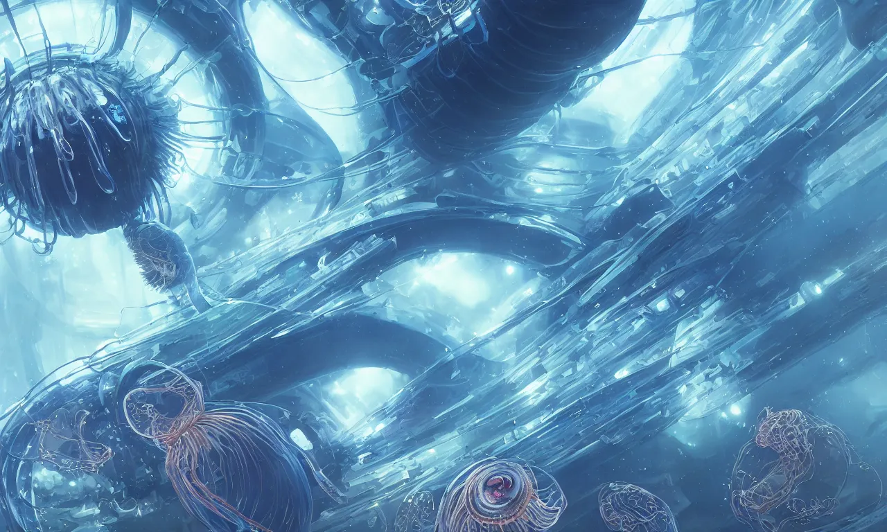 Image similar to Panorama hyper detailed painting of a cyberpunk jellyfish, blue tones, underwater, 8 mm, highly detailed, digital painting, artstation, concept art, smooth, sharp focus, illustration, art by artgerm and greg rutkowski and alphonse mucha