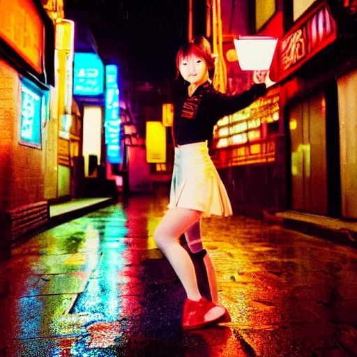 Prompt: 1990s perfect 8K HD professional cinematic photo of close-up japanese schoolgirl dancing in dystopian alleyway with neon signs, at evening during rain, at instagram, Behance, Adobe Lightroom, with instagram filters, depth of field, taken with polaroid kodak portra