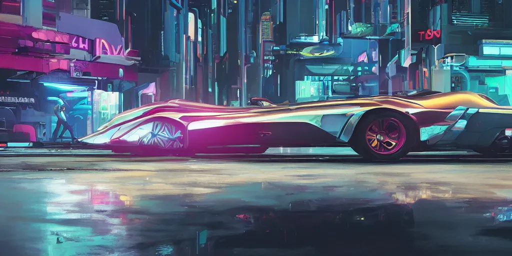 Image similar to art style by Ben Aronson and Edward Hopper and Syd Mead, wide shot view of the Cyberpunk 2077, on ground level. full view of the Tata Tamo Racemo with wide body kit modification and dark pearlescent holographic paint, has gullwing doors open.