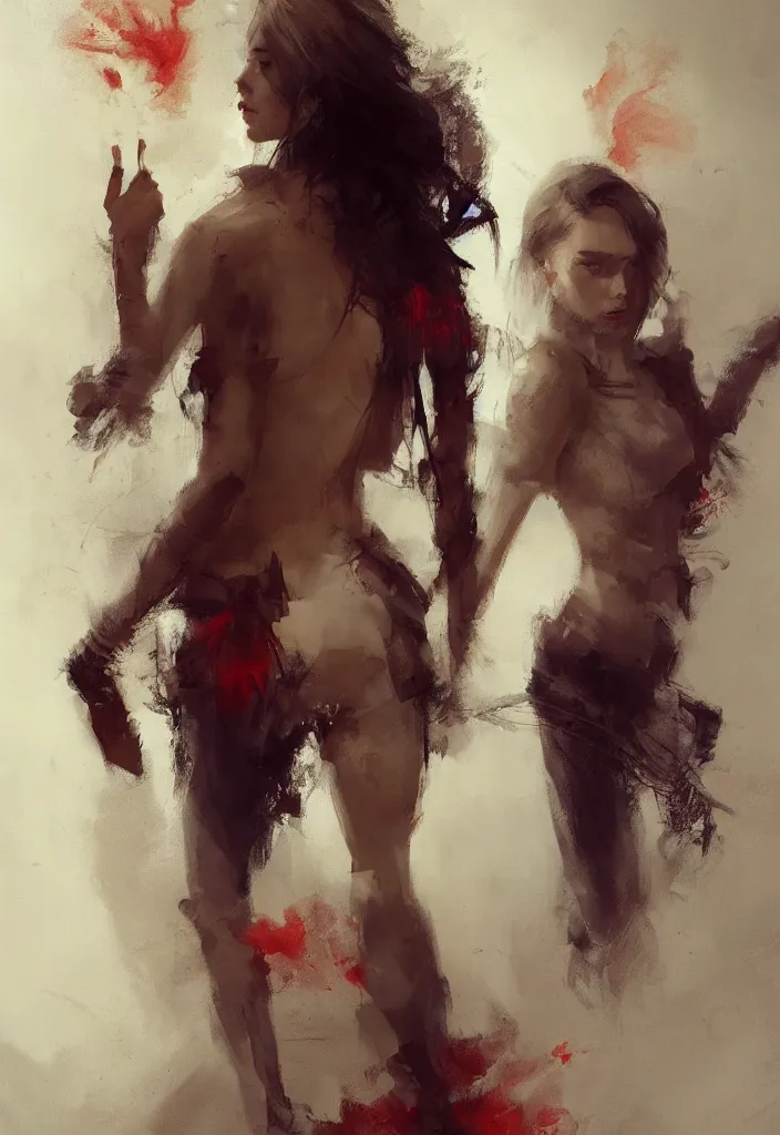 Prompt: full body portrait of a duo of 2 0 years old girl figures, messy hair, oriental tattoos, bespoke tailor suits, beautiful, dramatic, cinematic lighting, few fire red highlights, by jeremy mann and greg rutkowski, oil on canvas, artstation, pixiv