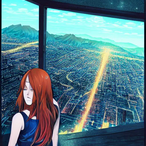 Image similar to beautiful girl looking from the edge of the mountain on the giant night city below, midnight, highly detailed colored manga page, illustration by diego facio, hyper realism