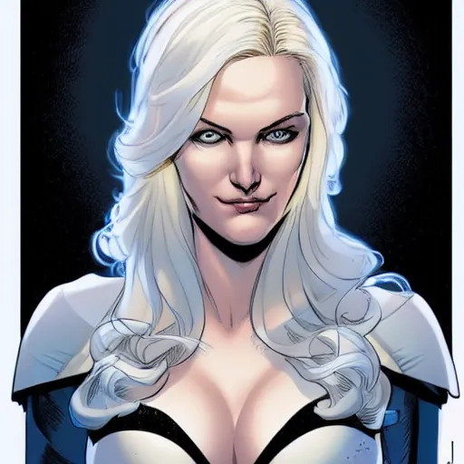 Prompt: Portrait of Emma Frost, a beautiful woman in her 30s, with white blonde hair and blue eyes, symmetrical face, detailed features, delicate features, teasing smirk, artstation, graphic novel, art by Ardian Syaf and Pepe Larraz,