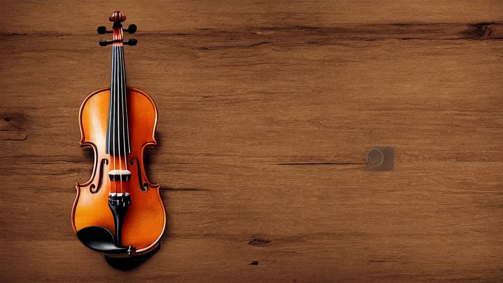 Prompt: a violin on an ancient wood table, 3/4 view, beautifull reflexions, detailed, photorealistic, octane render