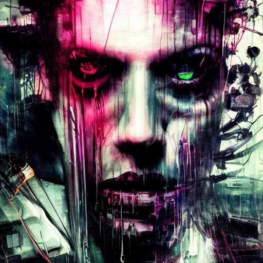 Prompt: a cyberpunk noir detective, skulls, wires cybernetic implants, machine noir grimcore in cyberspace photoreal, atmospheric by jeremy mann francis bacon and agnes cecile, ink drips paint smears digital glitches