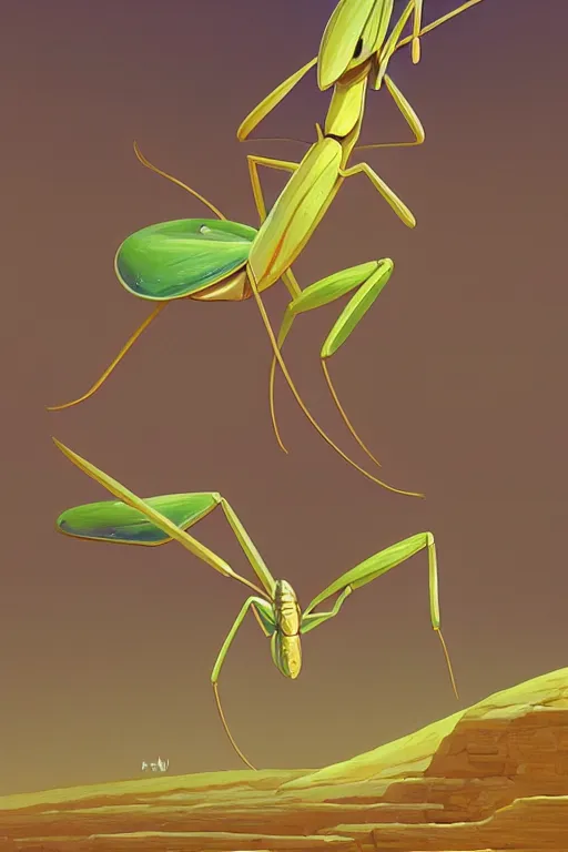 Prompt: preying mantis, desert scene, centered, solid bacgkround, median photoshop filter cutout vector behance, hd by artgerm, jesper ejsing, by rhads, makoto shinkai and lois van baarle, ilya kuvshinov, rossdraws, illustration, art by ilya kuvshinov and gustav klimt