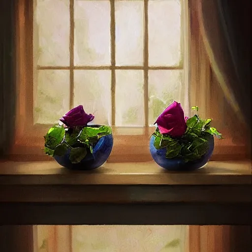 Image similar to The image would feature a windowsill with two vases, one containing a red rose and the other containing a blue violet. The natural light from the window would be shining in on the scene. Trending on artstation