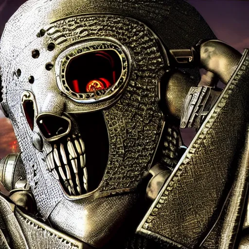 Prompt: high fantasy 1 9 8 0's wargame airbrushed artwork - inspired octane render, a giant silver reflective chrome android wearing a mask shaped like an intricately carved beautiful human skull with glowing laser eyes, golden giant battle armor, inside a futuristic army base