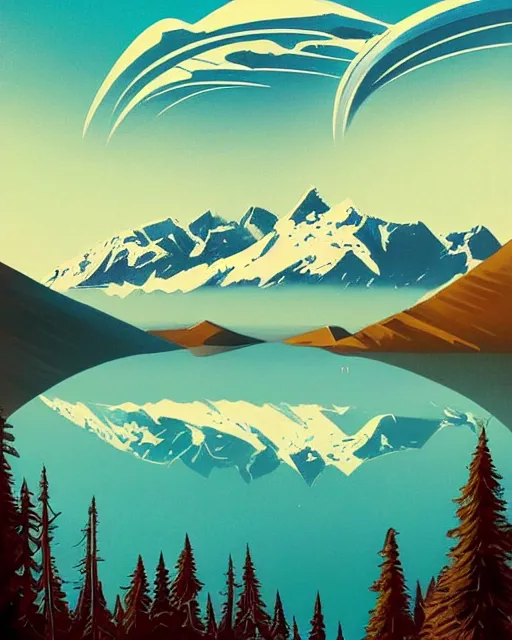 Image similar to art deco illustration of a peaceful beautiful lake, beautiful snowcapped mountain in background, epic sky, artstation, deviantart, pinterest, 5 0 0 px models