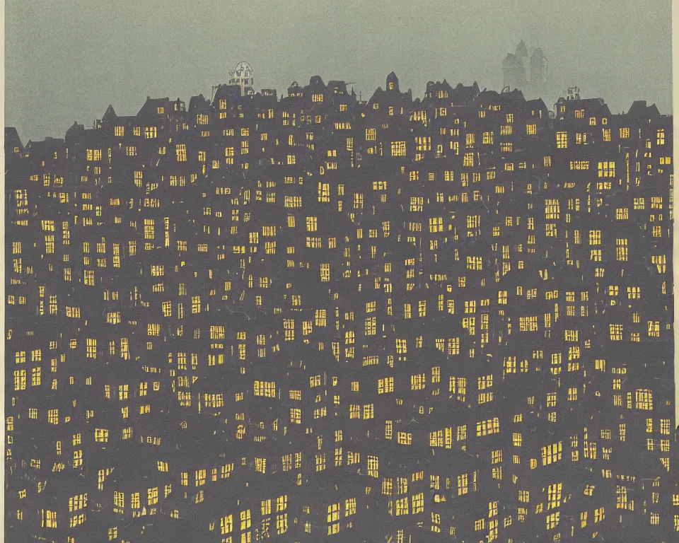 Image similar to achingly beautiful print of a rowhouses bathed in moonlight by Hasui Kawase and Lyonel Feininger.