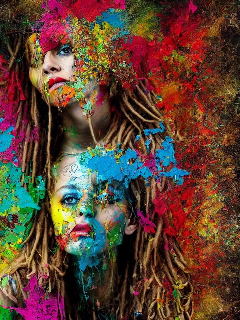 Image similar to a stunningly beautiful woman with blonde dreadlocks, in the style of artur bordalo, in a fractal environment