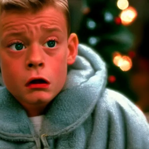 Image similar to Jean CLAUDE Van Damme starring as Kevin McAllister in Home alone, full screen shot, cinematic still