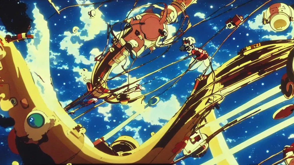 Prompt: monkey exploring space, anime film still from the an anime directed by katsuhiro otomo with art direction by salvador dali, wide lens