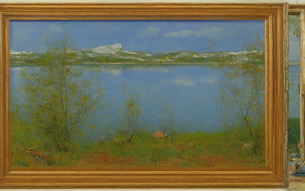 Image similar to a painting of large lake in norway, spring, oil on canvas, by carl larsson