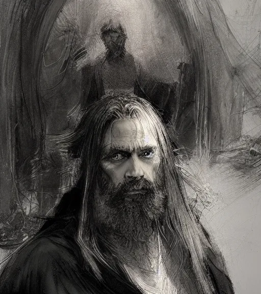 Image similar to portrait of man with long blond hair tied up wearing black robes, pen and ink, intricate line drawings, by craig mullins, ruan jia, kentaro miura, greg rutkowski, loundraw