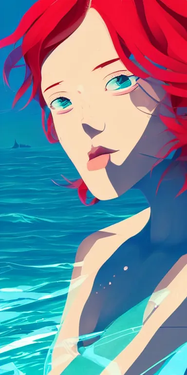 Prompt: redhead 👩👙😘 🏖🌊🌅 digital painting, anime inspired, clean cel shaded vector art. shutterstock. behance hd by lois van baarle, artgerm, helen huang, by makoto shinkai and ilya kuvshinov, rossdraws, illustration, art by ilya kuvshinov