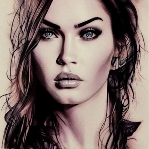 Prompt: hyper realistic tattoo sketch of megan fox face double exposure effect with a mountain scenery, in the style of matteo pasqualin, amazing detail, sharp