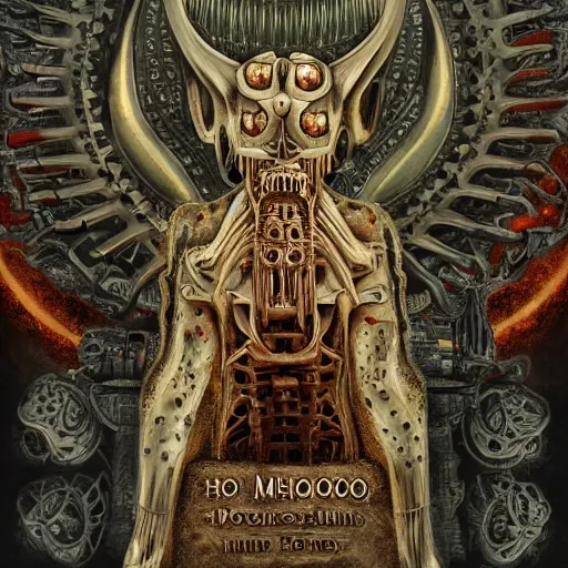 Image similar to Moloch, whose mind is pure machinery, eerie, sinister, horror, illustrated by Anne Stokes and H R Giger and Adrian Borda, super detailed, 4k, 8k