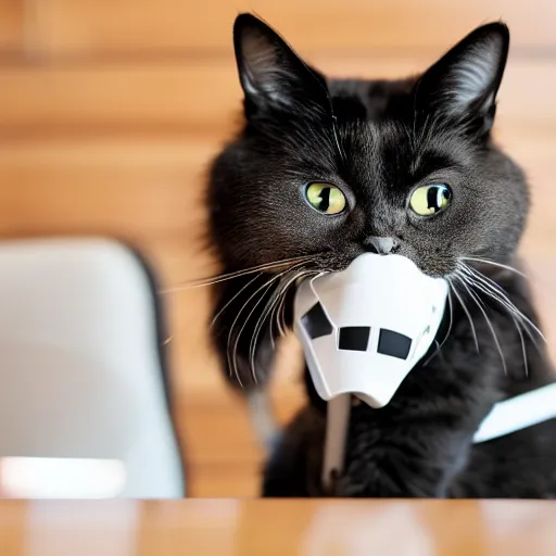 Image similar to a cat wearing a stormtrooper helmet covering the whole face while on the kitchen table, standing up, 40nm lens, shallow depth of field, split lighting, 4k,