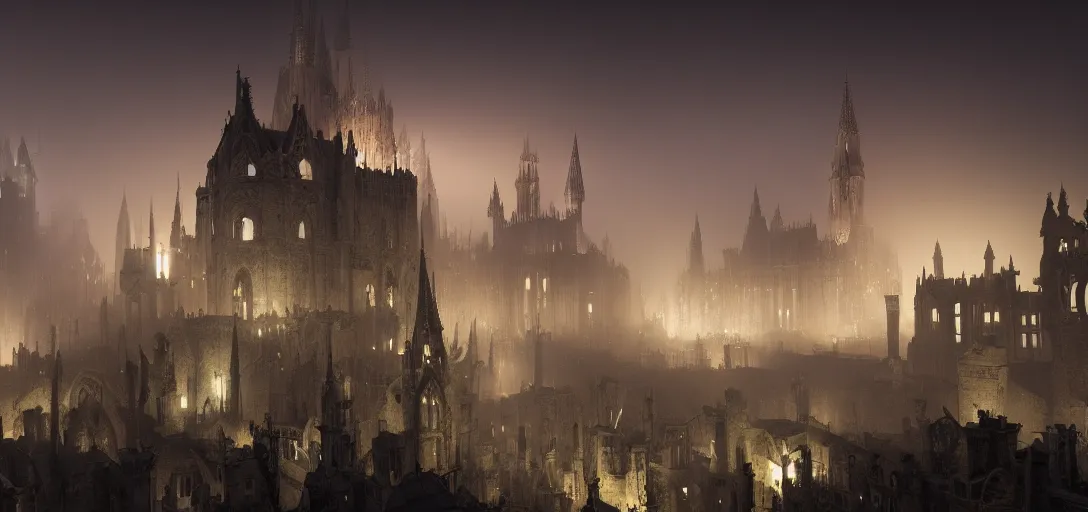 Prompt: view of an abandoned gothic city at night, lightning, glowing fog, castles, cinematic lighting, ultra detailed, sharp, ambient occlusion, raytracing, by greg rutowski, paul chadeisson and jessica rossier