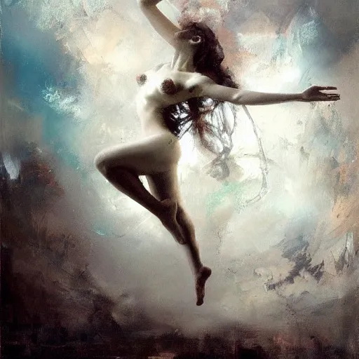 Prompt: painting of a beautiful surreal goddess, dancing on a cloud, by Jeremy Mann and Jason Jenicke, detailed, stylized, loose brush strokes, intricate, realistic, exaggerated lighting, sense of scale, sensual