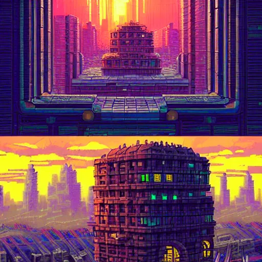 Image similar to mysterious cyberpunk building in the city, fantasy landscape, extremely detailed, sharp focus, pixelart, wide view, digital illustration, by dan mumford, greg rutowski, johan grenier
