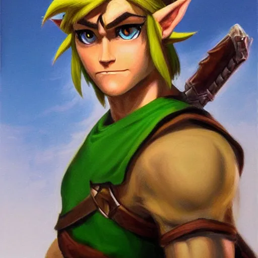 Image similar to an ultra - realistic portrait painting of link from the legend of zelda in the style of frank frazetta. 4 k. ultra - realistic. highly detailed. dark fantasy. epic lighting.