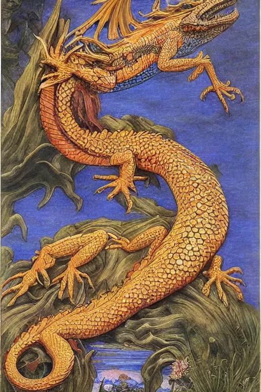 Prompt: beautiful dragon with the moonlight shining on its scales | bejeweled lizard | pre-Raphaelites | Evelyn De Morgan and John Waterhouse | medieval painting | rich colors