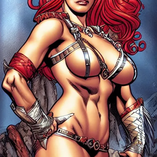 Image similar to Red Sonja portrait by J. Scott Campbell, sly smile. Rule of thirds.