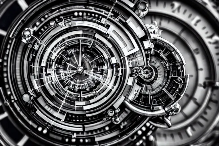 Image similar to a very beautiful photograph of futuristic working time - machine, time displacement device, travel in time, time travel, teleportation, 3 5 mm, wide angle, elegant, hyper realistic, mechanical and magical