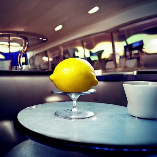 Prompt: A lemon is made of topaz and sitting on a table in a futuristic diner.