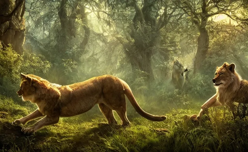 Prompt: a lioness hunting a wolf in a magical forest. painting, fantasy, fur shader, dramatic lighting, dawn, 8 k, sharp focus, global illumination, paid artwork, portfolio, detailed and intricate environment